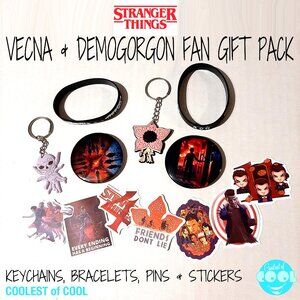 Stranger Things Vecna an Demogorgon Fan gift set Keyrings Pins Bracelet Stickers